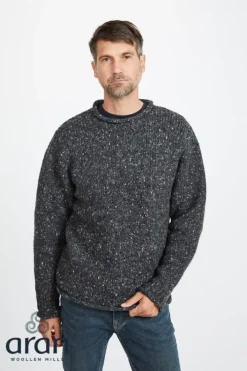 Mens Fisherman Sweaters|Mens Knitwear*Sweater Shop 100% Donegal Roll Neck Sweater Charcoal
