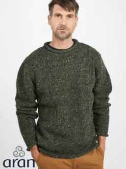 Mens Fisherman Sweaters|Mens Knitwear*Sweater Shop 100% Donegal Wool Roll Neck Sweater Olive Green