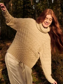 Designer Knitwear*Sweater Shop 100% Fine Merino Wool Cable Polo Neck Beige