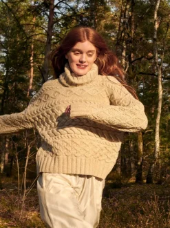 Designer Knitwear*Sweater Shop 100% Fine Merino Wool Cable Polo Neck Beige