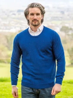 Mens Fisherman Sweaters|Mens Knitwear*Sweater Shop 100% Lambswool Lightweight Crew Neck Ensign Blue