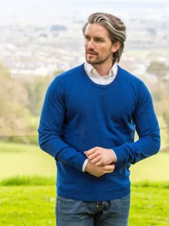 Mens Fisherman Sweaters|Mens Knitwear*Sweater Shop 100% Lambswool Lightweight Crew Neck Ensign Blue