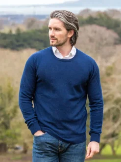 Mens Fisherman Sweaters|Mens Knitwear*Sweater Shop 100% Lambswool Lightweight Crew Neck Rich Navy