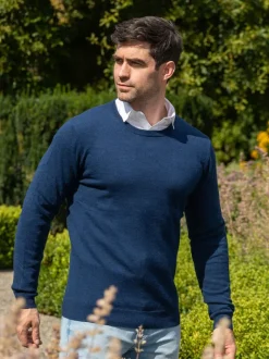 Mens Fisherman Sweaters|Mens Knitwear*Sweater Shop 100% Lambswool Lightweight Crew Neck Rich Navy