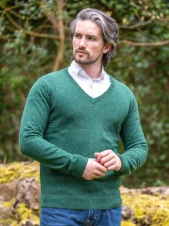 Mens Knitwear*Sweater Shop 100% Lambswool V Neck Green Melange