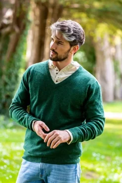 Mens Knitwear*Sweater Shop 100% Lambswool V Neck Green Melange