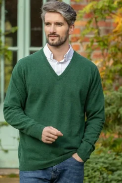Mens Knitwear*Sweater Shop 100% Lambswool V Neck Green Melange