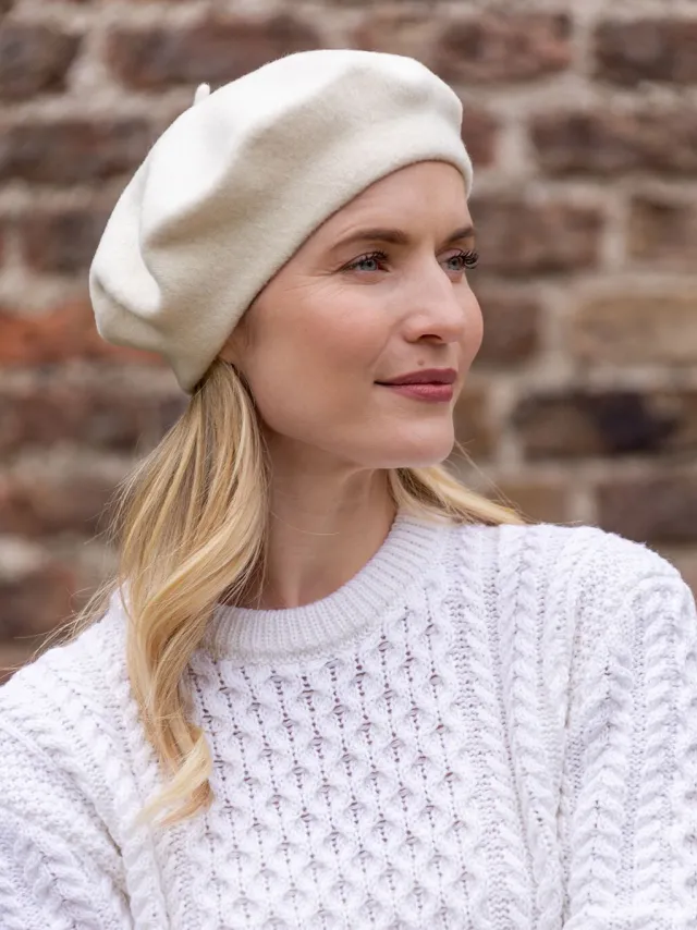 Aran Wool Hats|Ladies Hats*Sweater Shop 100% Merino Wool Beret Cream