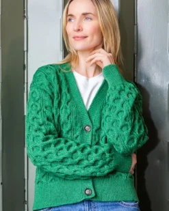 Womens Irish Knitwear|Ladies Cardigans*Sweater Shop 100% Merino Wool Cropped Aran Cardigan - Kiwi
