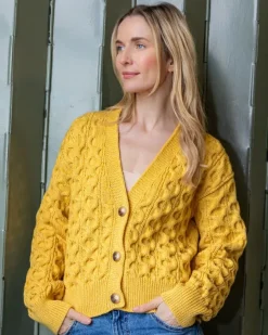 Womens Irish Knitwear|Ladies Cardigans*Sweater Shop 100% Merino Wool Cropped Aran Cardigan - Yellow