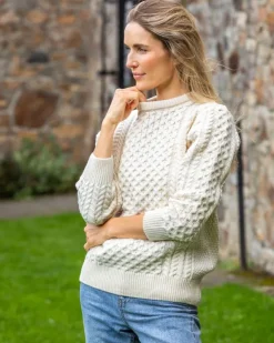 Womens Irish Knitwear|Womens Aran Fisherman Sweaters*Sweater Shop 100% Merino Wool Fitted Aran Sweater Natural