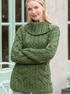 Womens Irish Knitwear|Womens Aran Fisherman Sweaters*Sweater Shop 100% Super Soft Merino Wool Cowl Neck with Buttons Green