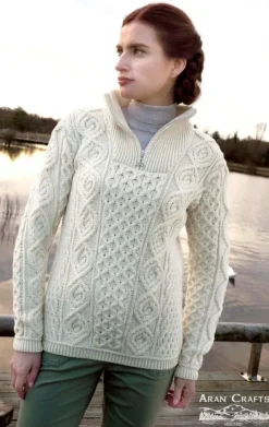 Womens Irish Knitwear|Womens Aran Fisherman Sweaters*Sweater Shop 100% Super Soft Merino Wool Half Zip Natural