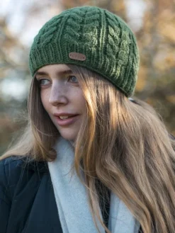 Aran Wool Hats*Sweater Shop 100% Wool Fully Lined Aran Pull on Hat Green