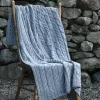 Aran Wool Throws*Sweater Shop Aran Cable Knit Blanket Super Soft Merino Grey/Blue