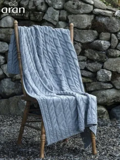 Aran Wool Throws*Sweater Shop Aran Cable Knit Blanket Super Soft Merino Grey/Blue