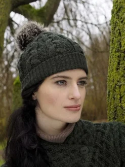 Aran Wool Hats*Sweater Shop Aran Cable Knit Hat Pom Pom Green