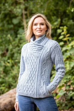 Womens Irish Knitwear|Ladies Cardigans*Sweater Shop Aran Cable Knit Side Zip Sky