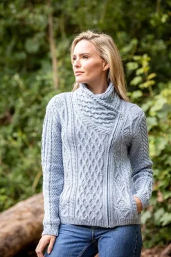 Womens Irish Knitwear|Ladies Cardigans*Sweater Shop Aran Cable Knit Side Zip Sky