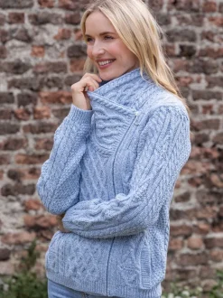 Womens Irish Knitwear|Ladies Cardigans*Sweater Shop Aran Cable Knit Side Zip Sky