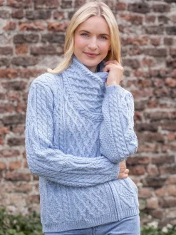 Womens Irish Knitwear|Ladies Cardigans*Sweater Shop Aran Cable Knit Side Zip Sky