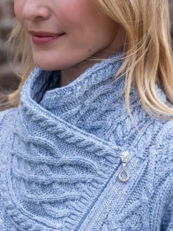 Womens Irish Knitwear|Ladies Cardigans*Sweater Shop Aran Cable Knit Side Zip Sky