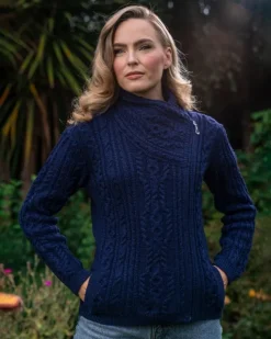 Womens Irish Knitwear*Sweater Shop Aran Cable Knit Side Zip Deep Water Blue