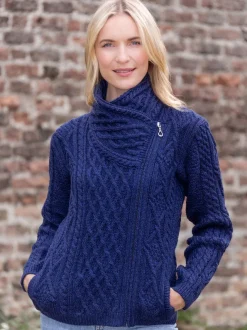 Womens Irish Knitwear*Sweater Shop Aran Cable Knit Side Zip Deep Water Blue