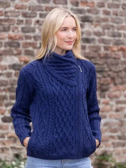 Womens Irish Knitwear*Sweater Shop Aran Cable Knit Side Zip Deep Water Blue