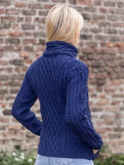 Womens Irish Knitwear*Sweater Shop Aran Cable Knit Side Zip Deep Water Blue