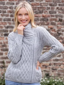 Womens Irish Knitwear*Sweater Shop Aran Cable Knit Side Zip Silver Grey