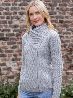 Womens Irish Knitwear*Sweater Shop Aran Cable Knit Side Zip Silver Grey