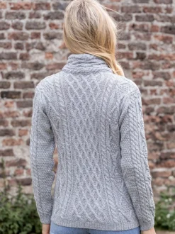 Womens Irish Knitwear*Sweater Shop Aran Cable Knit Side Zip Silver Grey