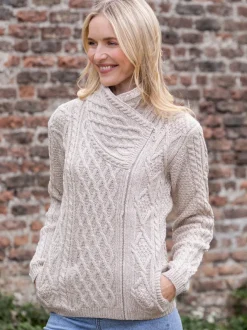 Womens Irish Knitwear*Sweater Shop Aran Cable Knit Side Zip Parsnip