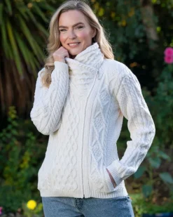 Womens Irish Knitwear|Ladies Cardigans*Sweater Shop Aran Cable Knit Side Zip Natural