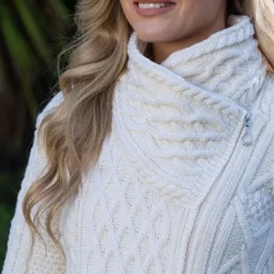 Womens Irish Knitwear|Ladies Cardigans*Sweater Shop Aran Cable Knit Side Zip Natural