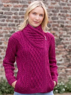 Womens Irish Knitwear|Ladies Cardigans*Sweater Shop Aran Cable Knit Side Zip - Raspberry