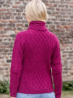 Womens Irish Knitwear|Ladies Cardigans*Sweater Shop Aran Cable Knit Side Zip - Raspberry
