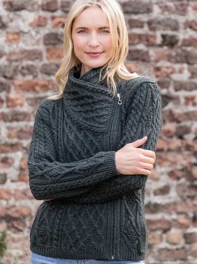 Womens Irish Knitwear|Ladies Cardigans*Sweater Shop Aran Cable Knit Side Zip Army Green