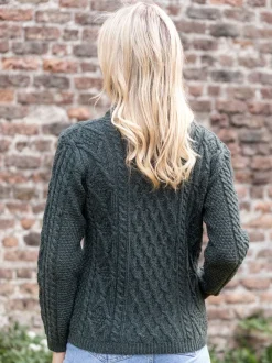 Womens Irish Knitwear|Ladies Cardigans*Sweater Shop Aran Cable Knit Side Zip Army Green