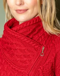 Womens Irish Knitwear|Ladies Cardigans*Sweater Shop Aran Cable Knit Size Zip - Red