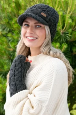 Aran Wool Hats|Ladies Hats*Sweater Shop Aran Cable Peak Hat Charcoal
