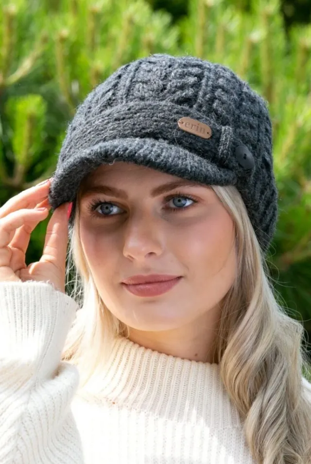 Aran Wool Hats|Ladies Hats*Sweater Shop Aran Cable Peak Hat Charcoal