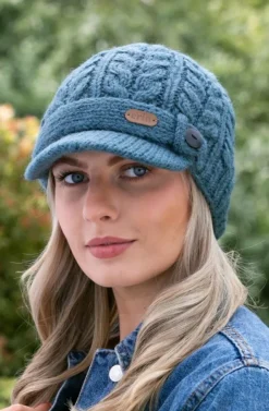 Aran Wool Hats|Ladies Hats*Sweater Shop Aran Cable Peak Hat Denim