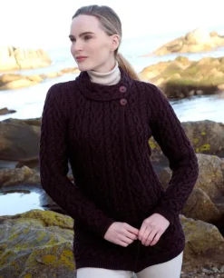 Womens Irish Knitwear|Ladies Cardigans*Sweater Shop Aran Cardigan with Side Buttons Damson