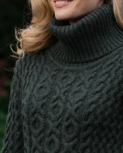 Womens Irish Knitwear*Sweater Shop Aran Cowl Neck Merino Wool Army Green