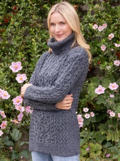 Womens Irish Knitwear|Womens Aran Fisherman Sweaters*Sweater Shop Aran Cowl Neck Merino Wool Sweater Slate