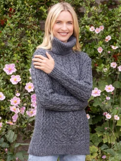 Womens Irish Knitwear|Womens Aran Fisherman Sweaters*Sweater Shop Aran Cowl Neck Merino Wool Sweater Slate