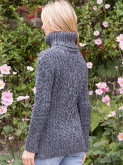 Womens Irish Knitwear|Womens Aran Fisherman Sweaters*Sweater Shop Aran Cowl Neck Merino Wool Sweater Slate
