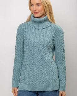Womens Irish Knitwear|Womens Aran Fisherman Sweaters*Sweater Shop Aran Cowl Neck Merino Wool Aqua
